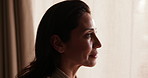 Thinking, smile and woman in home with profile, positive mindset or perspective with future optimism. Mature female person, happy and ponder with memory, nostalgia or reflection on weekend in house