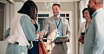 Business, partnership or people at conference with handshake, greeting or negotiation in b2b deal. Networking, intro or employees with shaking hands, agreement or collaboration opportunity at seminar