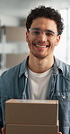 Face, man and logistics in small business with package, glasses and smile for shipping distribution. Happy, person and worker in startup with ecommerce boxes, supply chain and about us for company.