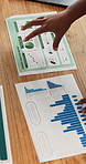 Hands, paperwork and meeting in business with data analysis, check sales metrics and market research. People, teamwork and strategy in office with revenue stats, review documents or graphs on report.