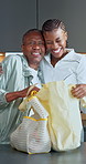Senior, mom and adult daughter with groceries in kitchen for meal prep or shopping surprise in home. Elderly, female person or support with woman or bags for ingredients, food supply or help in house