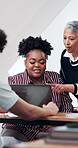 Lecturer, student and laptop in class with advice, essay brief or research tips for case study. Professor, happy people or tech at community college for group assignment, guidance or learning support