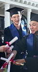 People, students and hand stack at graduation, certificate and achievement of degree completion. Smile, friends or celebrate at campus with accolade, academic success and award for learning milestone
