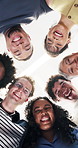 Face, students and huddle in college with teacher, community bonding and unity for higher education. Below, happy people and professor in university for group solidarity, academic support or learning