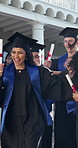 Happy, students and walk with diploma at graduation, ceremony and certificate of degree completion. Excited, people or celebrate at campus with accolade, academic success and award for learning goals