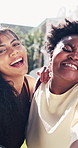 Happy women, face and selfie with friends, college and bonding together on break or profile picture. Outdoor, portrait and people with smile at university, education and photography for milestone