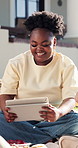 Woman, laugh and tablet in college with friends, funny discussion or online research for education. Happy, person and talk outdoor in university with students, tech or connection with humor for peers