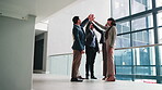 Happy people, success and high five in business, teamwork and solidarity for legal service or case. Lawyers, applause and collaboration with colleagues, low angle and celebration for achievement