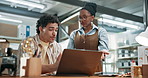 Laptop, team and conflict in startup for logistics error, order delay and refund accountability. Ecommerce, people and disagreement with tech for shipment problem, delivery fail and client complaint