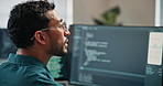 Coding, review or man in office with computer, troubleshoot software or debug error in web update. Back, digital or code editor with tech, script correction or system evaluation in programming agency