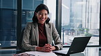 Face, businesswoman and smile in office with laptop, confidence and experience for accounting career. Happy, accountant and person in finance company with computer, internet connection and about us.