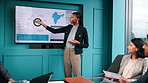 Presentation, screen and graph with business woman for meeting, insurance demographic and team. Track claims status, customer risk profile and geographic trend chart with employees in agency