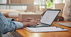 Hands, laptop and typing invoice in office, supply chain management and shipping info for delivery. Person, tech and writing dropshipping report, business quote or details for courier and package