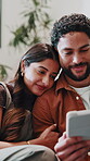 Couple, home and tablet to relax and laugh for funny post, online entertainment or comedy movie. Happy man, woman and technology on lounge sofa with app subscription, connection and quality time