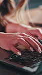 Remote work, laptop or hands in home with keyboard, digital draft or research in ebook development. WFH, woman or author with typing, literature proofreading or manuscript edit for online publication