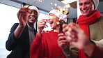 People, sparklers and dancing in business for Christmas, festive celebration and last day of work. Employee, team and excited at office party for xmas event, santa hat and cheering with fireworks