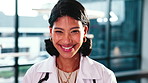 Face, woman and happy doctor in clinic for healthcare, wellness service or laugh with career pride. Portrait, physician and female person with smile, trustworthy and medical employee with work ethic