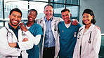 Face, doctors and nurses with healthcare at hospital, medical team and happiness with inclusion. Surgical group, diversity and people in clinic with smile, confidence and about us with health service