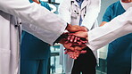 Medical, hands and team in hospital with handstack, collaboration and support in motivation circle. People, nurse and doctor with huddle, group solidarity and encouragement in healthcare preparation.