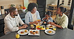 Grandmother, parents or kid in home with breakfast, bonding or child care in healthy relationship. Nutrition, above or black people with fruit, family connection or quality time with morning meal.