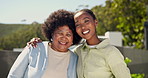 Face, woman and old mother at house with smile, love and gratitude for weekend break in backyard. Portrait, black family and laugh outdoor with embrace, affection and bonding together on retirement