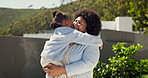 Love, grandmother and kid in backyard with hug, security and bonding together in weekend visit. Smile, childcare and black family with cheek kiss, happy moment or quality time in healthy relationship