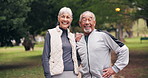 Happy, face and senior couple in park fitness, exercise and laugh for wellness, health and fresh air. Retirement, portrait and mature man and woman for break, love and bonding for active morning