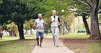 Fitness, running and senior couple at park, outdoor and training with partner for health and active. Happy, old people and exercise routine with spouse, wellness and physical activity in nature