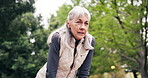 Tired, thinking and fitness with woman in nature for workout fatigue, runner vision and health. Intense exercise, reflection and training break with mature person for cardio challenge and breathing 