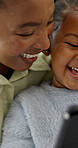 Laugh, mom and child in home with tablet, interactive ebook or educational quiz joke for bonding. Black family, mother and funny kid with tech for phonics app, digital literacy or development support