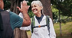 Hiking, high five and old couple with smile in forest, achievement or travel with partner in nature. Outdoor, holiday and happy senior people on break, talking and celebration for trekking success