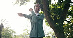 Stretching, breathing and fitness with black woman in park for training, health and cardio challenge. Warm up, low angle and exercise with person outdoor for sports athlete, workout and wellness