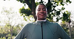 Fitness, woman and happy at park with deep breath, post exercise or calm nervous system for wellness. Thinking, black person and exhale outdoor for workout cool down, active practice and fresh air