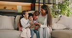 Happy, family and surprise hug with children on sofa for love, weekend or bonding together in home. Excited, dad and mom with smile, embrace or comfort for greeting, holiday or moment in house