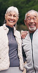 Fitness, face and old couple at park, laughing and connection with partner after exercise in nature. Outdoor, portrait and senior people on workout break, happy and bonding with spouse or wellness