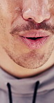 Man, fitness and breathing with mouth for workout recovery, break or stamina for endurance training. Closeup, lips or active male person with perspiration or sweat for intense exercise or health
