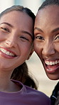 Friends, smile and support in city with fitness, people bonding and training together for wellness. Happy, women and active outdoor with exercise break, workout recovery and runner club for vitality.
