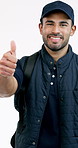 Face, bag and happy man with thumbs up for delivery review or success on a white studio background. Portrait, male person or transporter with smile, like emoji or yes sign for online courier service