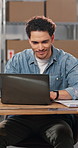 Man, laptop and research in small business for logistics, supplier info and typing review on website. Entrepreneur, computer or online in warehouse for distribution schedule, courier service or smile