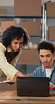 People, talk and logistics at startup with laptop, email supplier and confirm order for delivery. Team, review and clipboard office with tech, stock availability and distribution update for ecommerce