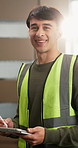 Face, man and logistics at startup with tablet, stock checklist and confirm order for delivery. Portrait, person or flare in storage with digital, inspection and inventory management for distribution