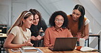 Study group, tutor and laptop at college with help, exam preparation or review essay topic in class. University, happy people or tech for learning support, test tips or tutoring for knowledge sharing