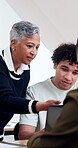 Lecturer, student and laptop in class with help, assignment brief or research tips for online exam. Professor, people and tech at community college for tutorial guidance, case study insight or happy