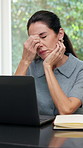 Woman, headache and laptop in home for remote work, grammar error and wrong facts for article. Stress, mature person and migraine in office with pc, plagiarism and submission mistake for copywriting