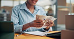 Counting, hands or woman with money for accounting, small business management or profit in office. Female person, entrepreneur or finance with cash for company revenue, budget or financial investment