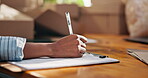 Hands, writing and clipboard in logistics office, supply chain management and shipping notes. Person, checklist or agenda for dropshipping info, distribution paperwork and courier service details