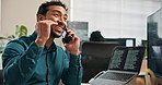 Phone call, smile and man with laptop screen in office, project management and software development. Happy person, online and communication with contact, code or IT specialist with mobile in business