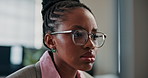 Issue, glasses or black woman in office with computer, bad review or update error on digital project. Reading, eyewear or employee with tech, poor report feedback or submission mistake in workplace.