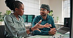 Team, intern and training at web development agency, technology and explain coding system. Algorithm, script or computer software with programmer person and mentor to learn problem solving logic