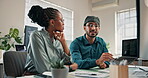 Team, training and computer for web development at office, explain coding system or discussion. Algorithm, script or tech software with programmer person and mentor to learn problem solving logic